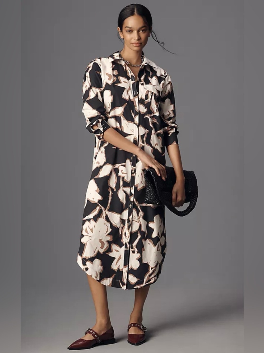 Women's Black & Cream Floral Button-Front Dress